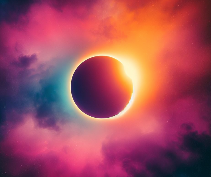 Purple Colorful sky with the sun and an eclipse